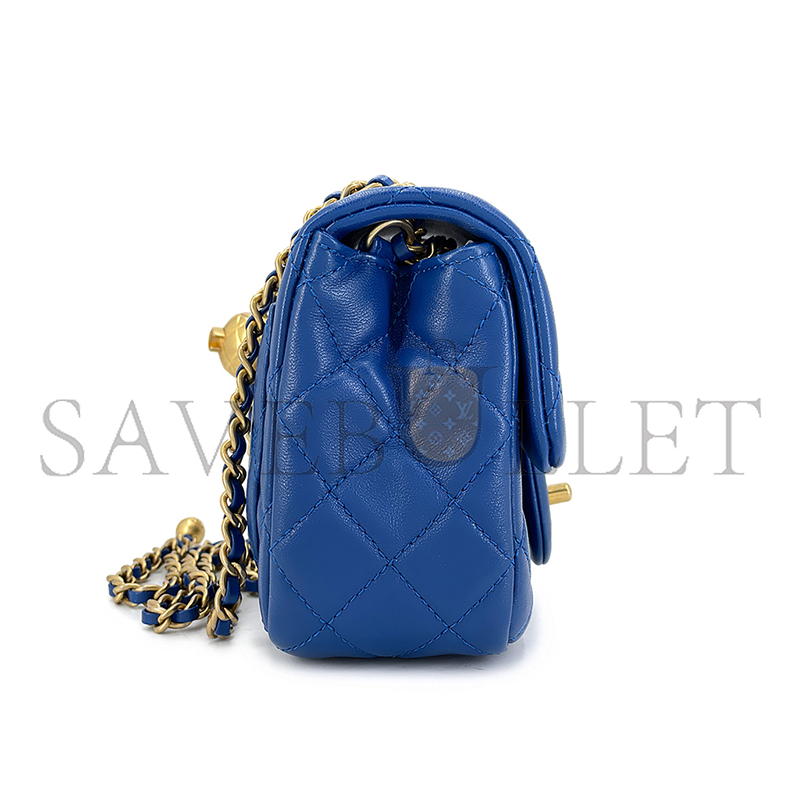 Ch*el blue quilted lambskin pearl crush square mini flap bag aged gold hardware as1786 (18*13*7cm)